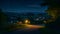 Countryside, night rural view landscape shwing green field and home with light AI generated image