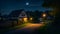 Countryside, night rural view landscape shwing green field and home with light AI generated image