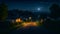 Countryside, night rural view landscape shwing green field and home with light AI generated image