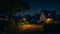 Countryside, night rural view landscape shwing green field and home with light AI generated image