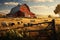 Countryside panorama wooden barn, coop, eggs, hay, under a tranquil sky