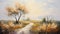 Countryside Path And Tree Painting In Light Gray And Light Amber