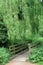 Countryside pedestrian wood bridge under a large weeping willow tree