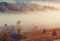 Countryside rural mountain hill landscape with haystack and morning fog.