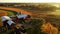 Countryside scenery at Fall season. Autumn colors. Harvest, harvesting time. Rural landscape. Aerial, view from above of the Farm