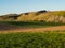 Countryside spring landscape of plowed fields. In the background remains of a former settlements Ponidzie. Poland