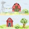 Countryside village elements seamless pattern. Watercolor illustration. Hand drawn red barn, windmill, white fence, oak