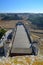 Countryside and vineyards, view from the top of the cliff, Castle of Penafiel, Valladolid, Spain. Medieval Castle. Vertical shot