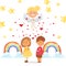 Coupidone connects kids hearts, vector illustration. Boy and girl character fall in love with each other, between them