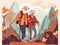 couple active happy senior elderly hiking walking grandfather old trekking. Generative AI.