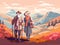 couple active old walking senior hiking trekking happy grandfather elderly. Generative AI.