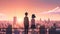 couple admires city skyline, digital art illustration, Generative AI