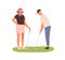 Couple of adults playing golf together. Woman in cap visor holding golf club and man aiming. Summer sport outdoor game