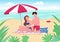 Couple applying sunblock lotion on beach flat color vector illustration
