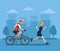 Couple athletes in bicycle and running characters