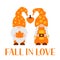 Couple of autumn gnomes. Fall in love. Cute cartoon characters. Vector template for banner, poster, greeting card, shirt