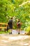 Couple backpacker hiking in forest pathway