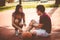 Couple on basketball court.