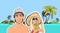 Couple Beach Man Woman In Hat, Girl Sunglasses Drink Cocktail Sea Shore Tropical Summer Vacation