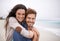 Couple on beach, portrait and hug with travel and holiday, love and care with trust and happiness. Freedom, mockup space