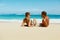 Couple On Beach In Summer. Romantic People On Sand At Resort