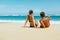 Couple On Beach In Summer. Romantic People On Sand At Resort