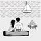 Couple on the beach. Summer vacation. Man and woman silhouettes, sea, sailing boat, sand and fire with burning logs