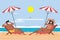 Couple on the beach at tropical resort Travel concept. Vector illustration of woman and man in underwear with mask. People sunbath