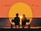 A couple on the beach watching the sunset symbolizing passion and romance. Art concept. AI generation