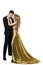 Couple Beauty Portrait, Beautiful Woman in Gold Dress and Elegant Man on white