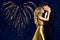 Couple Beauty Portrait over heart fireworks, Kissing Woman Man