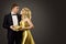 Couple Beauty Portrait with Present Gift, Beautiful Woman in Gold Dress and Elegant Man