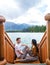 couple at beauvert lake, sunrise by lake at Jasper , Lac Beauvert Alberta Canadian Rockies Canada