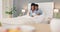 Couple, bedroom and phone video call of black people in bed talking with happiness. Happy girlfriend and boyfriend with