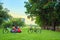Couple bicycle on the lawn with asian people are relaxing on the