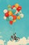 Couple on a bicycle lifted by colorful balloons, evoking whimsy and adventure in a watercolor scene.