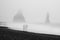 Couple on black beach, Iceland, in heavy fog