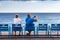 Couple at blue sea beach of Nice, France