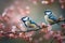 Couple of Blue Tit (Parus caeruleus) on Cherry Blossom generative ai