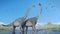 Couple of Brachiosaurus altithorax and a flock of Pterosaurs in a scenic Late Jurassic landscape 3d illustration