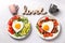 Couple breakfast on Valentines Day on gray background, minimal style