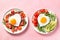 Couple breakfast on Valentines Day on pink background, minimal style