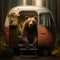 Couple of brown bears in love on vacation in camper.. Generative AI