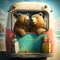 Couple of brown bears in love on vacation in camper.. Generative AI