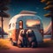 Couple of brown bears in love on vacation in camper.. Generative AI