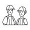 Couple builders workers with helmets