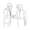 Couple of business people man and woman shake hands, line style illustration