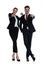 Couple in business suits pointing