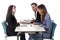 Couple and business woman with laptop sit at table and argue