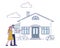 Couple buy house. Real estate mortgage concept. Cartoon man and woman standing outside new home